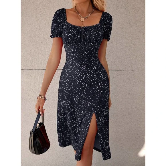 Polka Dot Puff Sleeve Tie Front Ruched Bust Slit Hem midi Dress red - Picture 5 of 11